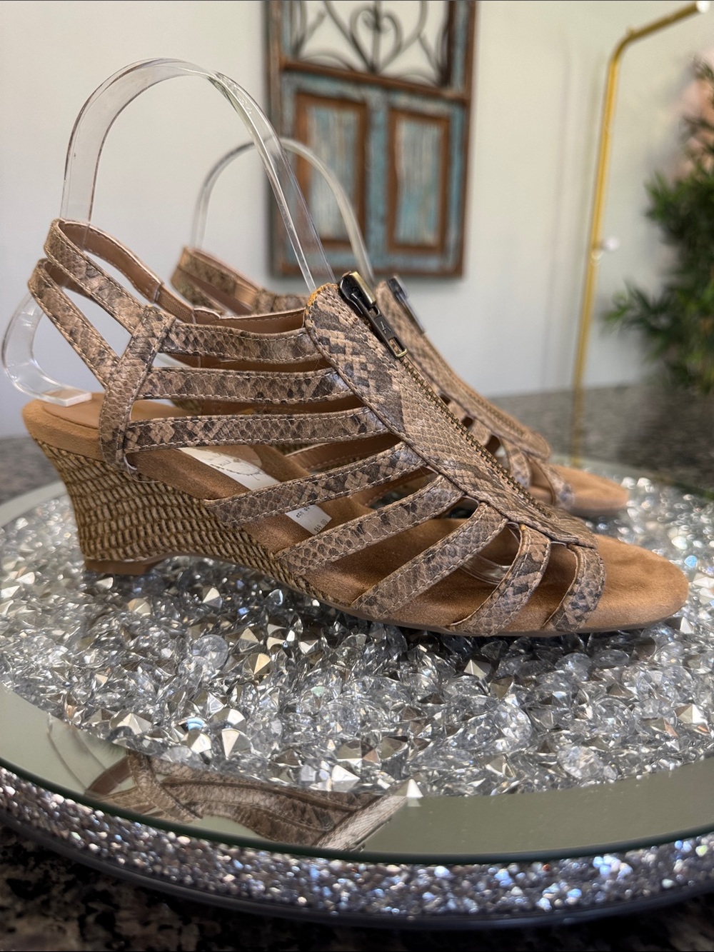 AEROSOLES Tan Snake-Print Slingback Wedge Sandals NEW